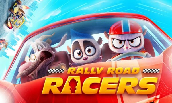 three mammals in a racing car with the words Rally Road Racers