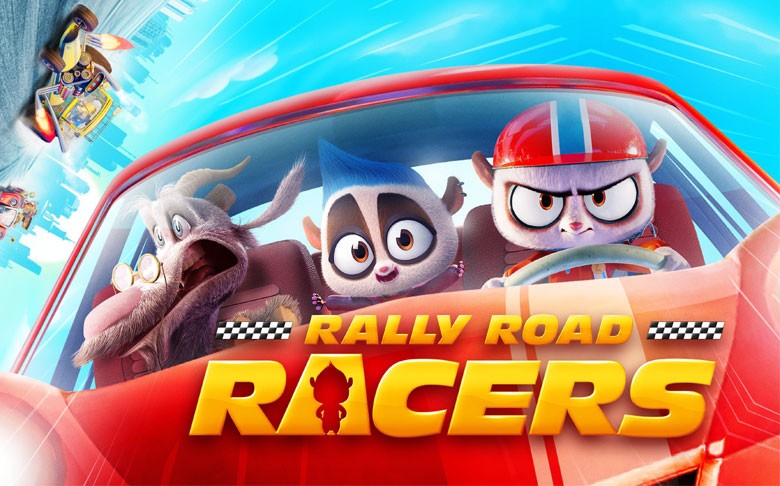 three mammals in a racing car with the words Rally Road Racers