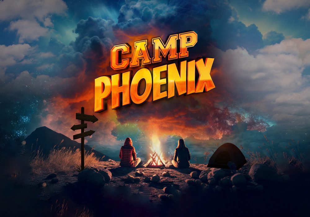 Two young people sit by a campfire, surrounded by mountains, rocks and plants. An early-evening, starry sky with ominous clouds gathering. Text: Camp Phoenix