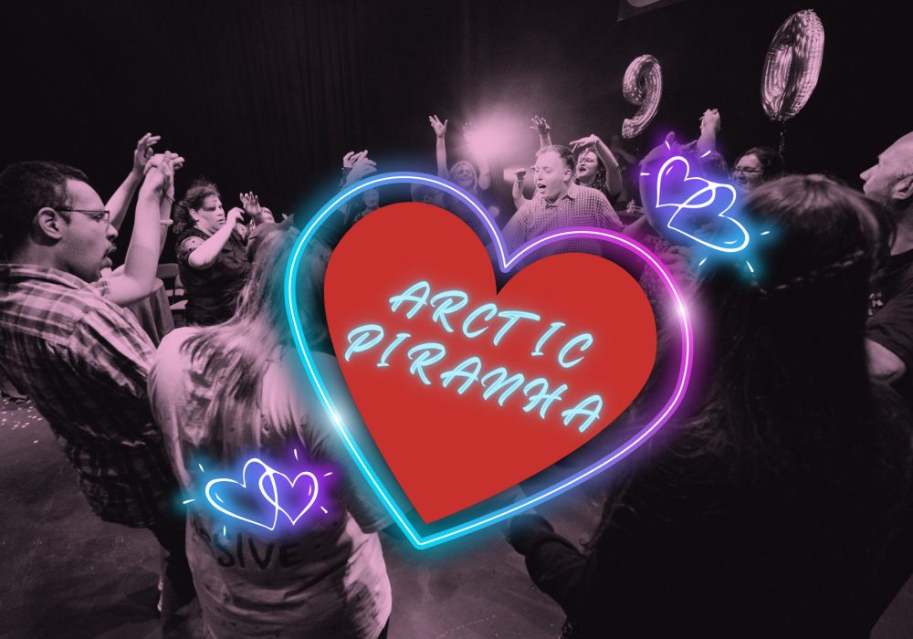 Arctic Piranha heart logo inbetween people dancing and looking like they're having fun