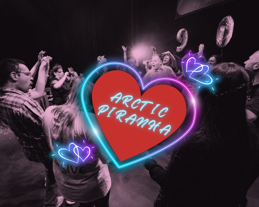 Arctic Piranha heart logo inbetween people dancing and looking like they're having fun