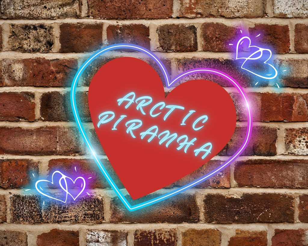 Text reads 'Arctic Piranha' inside a love heart against a brick wall