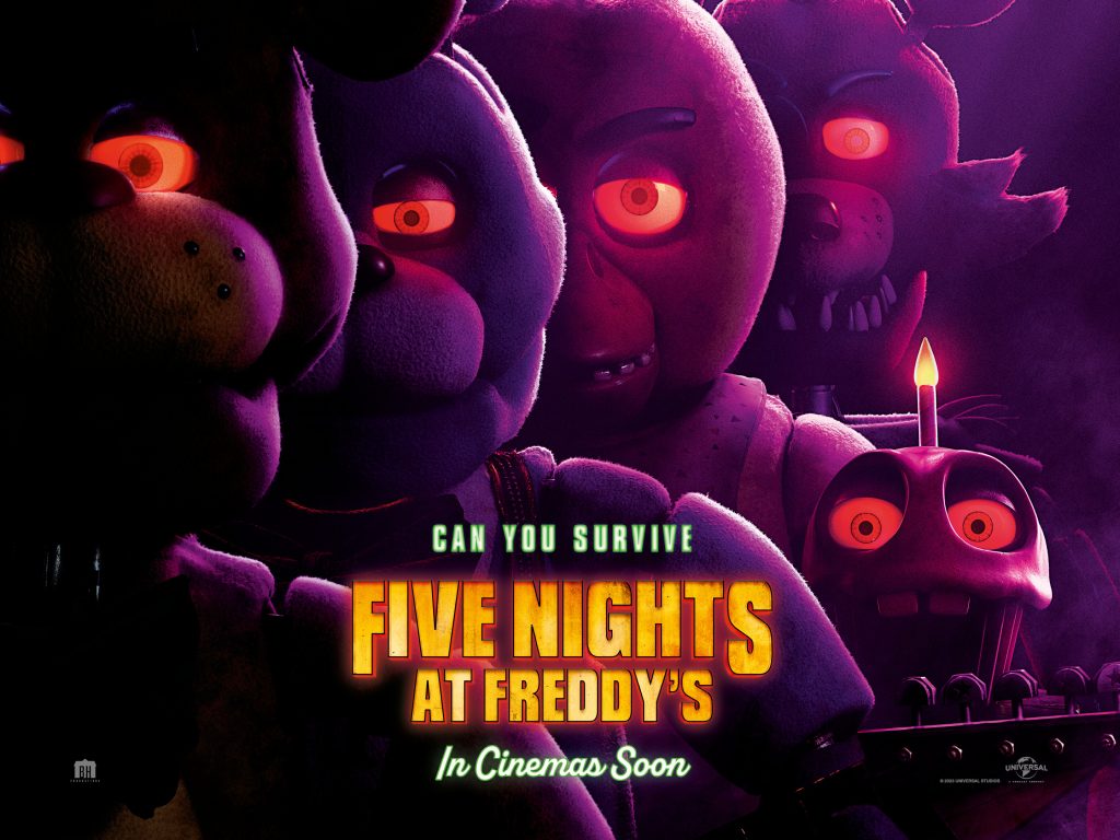 O,age of five creepy looking animal characters with glowing red eyes, the whole image as a creepy purple wash over it.