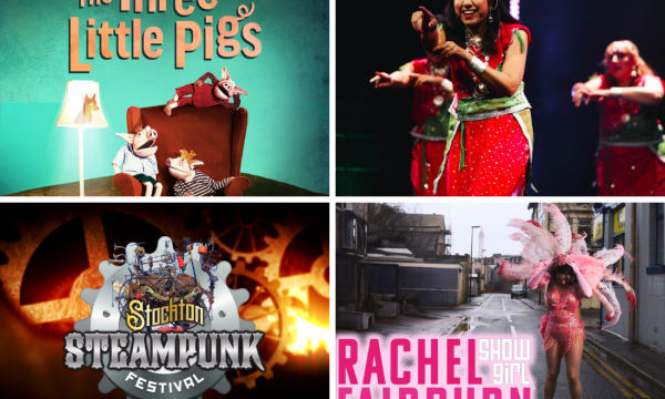 A collage of four images showing The Three Little Pigs; Festival of Light and Colour; Stockton Steampunk Festival; and Rachel Fairburn: Showgirl