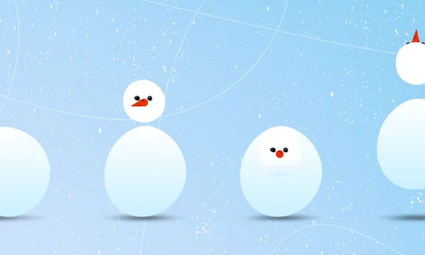 4 dynamic snowmen stretching their bodies on an ice ring background