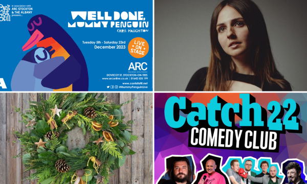 A collage of 4 images showing the artwork for Well Done, Mummy Penguin; a headshot of musician Amelia Coburn; a Christmas wreath; and the the title artwork and artist shots for Catch 22 Comedy Club