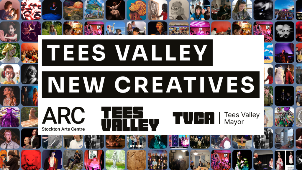 Tees Valley New Creatives logo which incorporates the logos of ARC, Tees Valley Combined Authority and Tees Valley Mayor, the background is a collage of images of members of the network and their work.