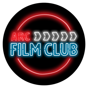 Film Club logo placed on a circular black background with blue, red and white writing