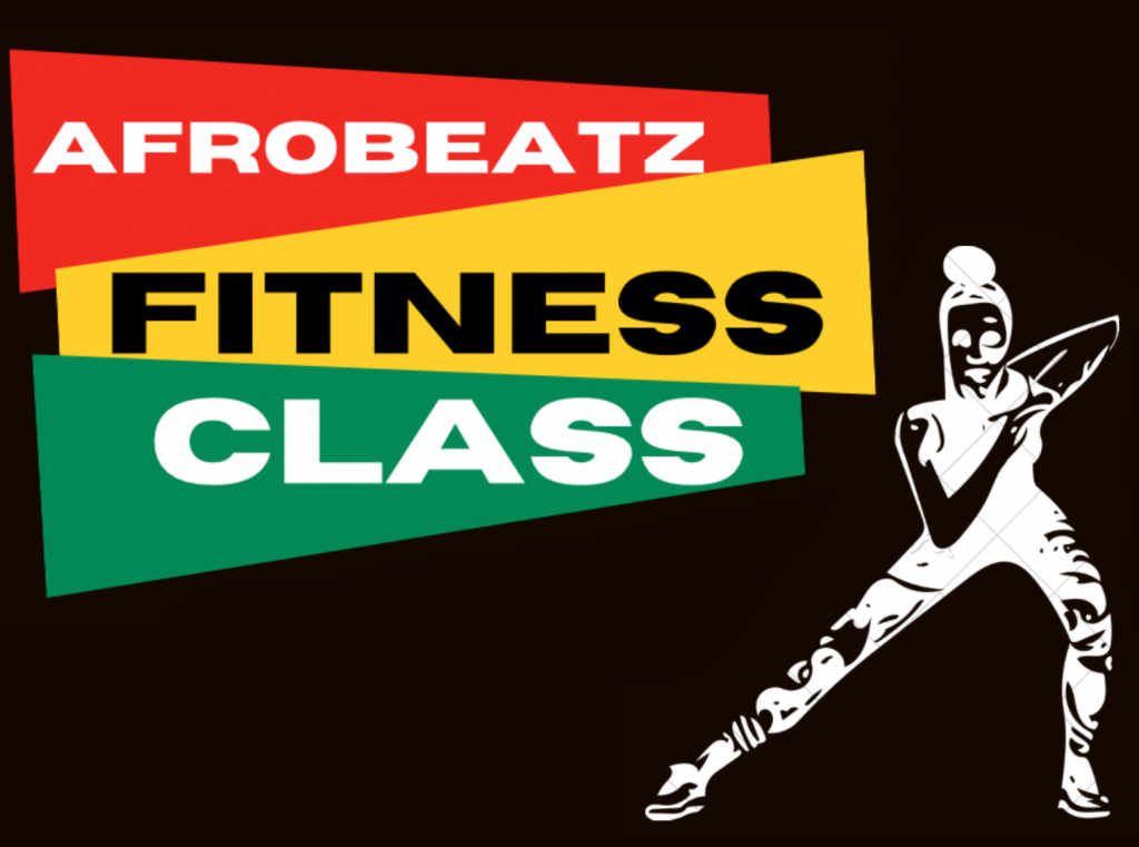 A white sketch of a dancer is on the right hand side of the image, to the left are three shapes, one red, one yellow, and one green, with the words Afrobeatz Fitness Class.