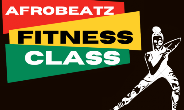 A white sketch of a dancer is on the right hand side of the image, to the left are three shapes, one red, one yellow, and one green, with the words Afrobeatz Fitness Class.