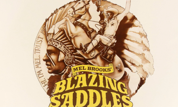 Tinted brown logo of Blazing Saddles featuring horseback rider and tribe member