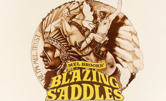Tinted brown logo of Blazing Saddles featuring horseback rider and tribe member