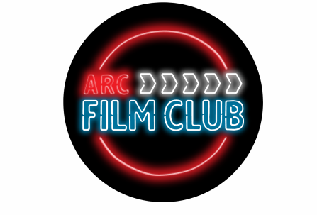 Circular film club logo with black, red and blue detailing 