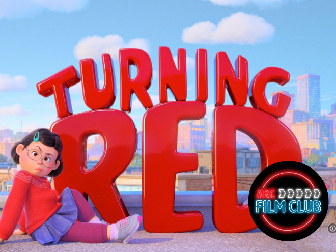 Bright red letters spelling out "Turning Red" with one of the main characters sat infront of it