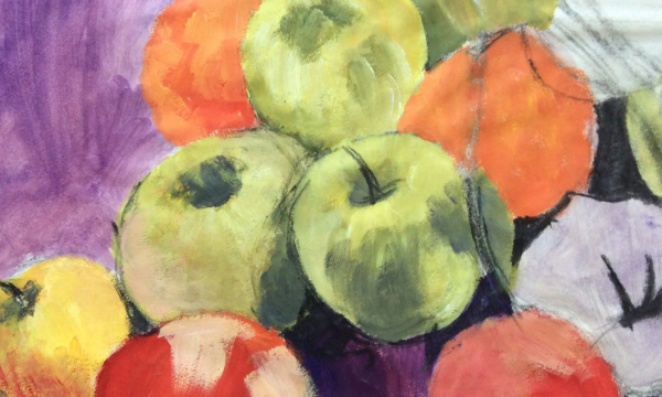 An oil pastel, still life drawing of fruit. It features green apples, and oranges against a purple background.