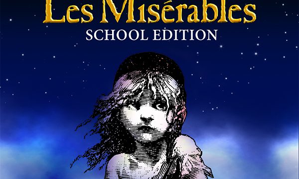 Les Misérables image. Text reads Les Misérables School Edition. Bue background with a line-drawn image of a sad looking child.