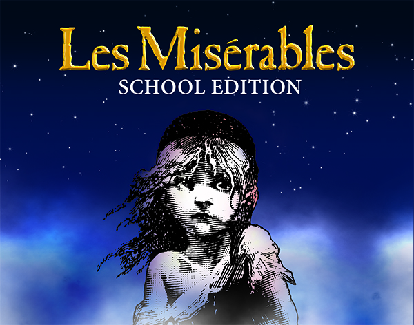 Les Misérables image. Text reads Les Misérables School Edition. Bue background with a line-drawn image of a sad looking child.
