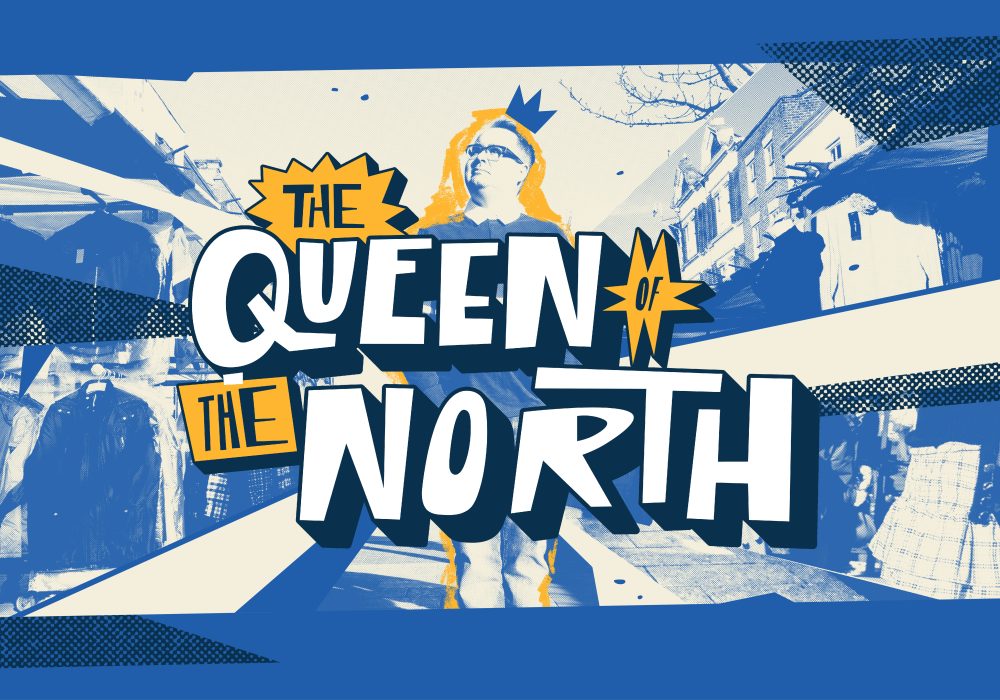 Stylised image of Tommy The Queer Historian standing in Stockton Market with the title "The Queen of the North super imposed on top.