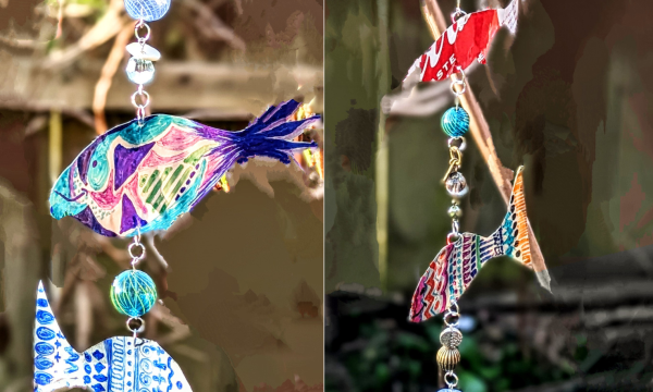 A side by side collage of two fish themed mobiles. There are colourful fish made from recycled cans hanging from a silver chain, with glass beads between each fish.