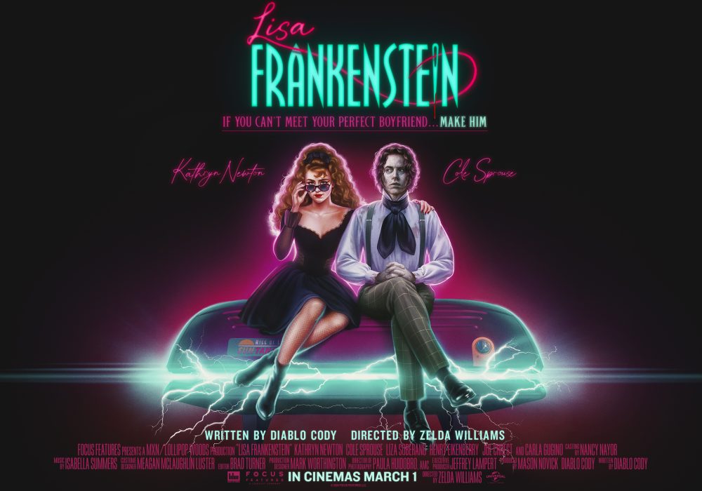 Film poster of the film Lisa Frankenstein. The classic hand painted poster shows Kathryn Newton and a Zombie Cole Sprouse sitting on a tanning-bed with electrical bolts coming out of the sides.