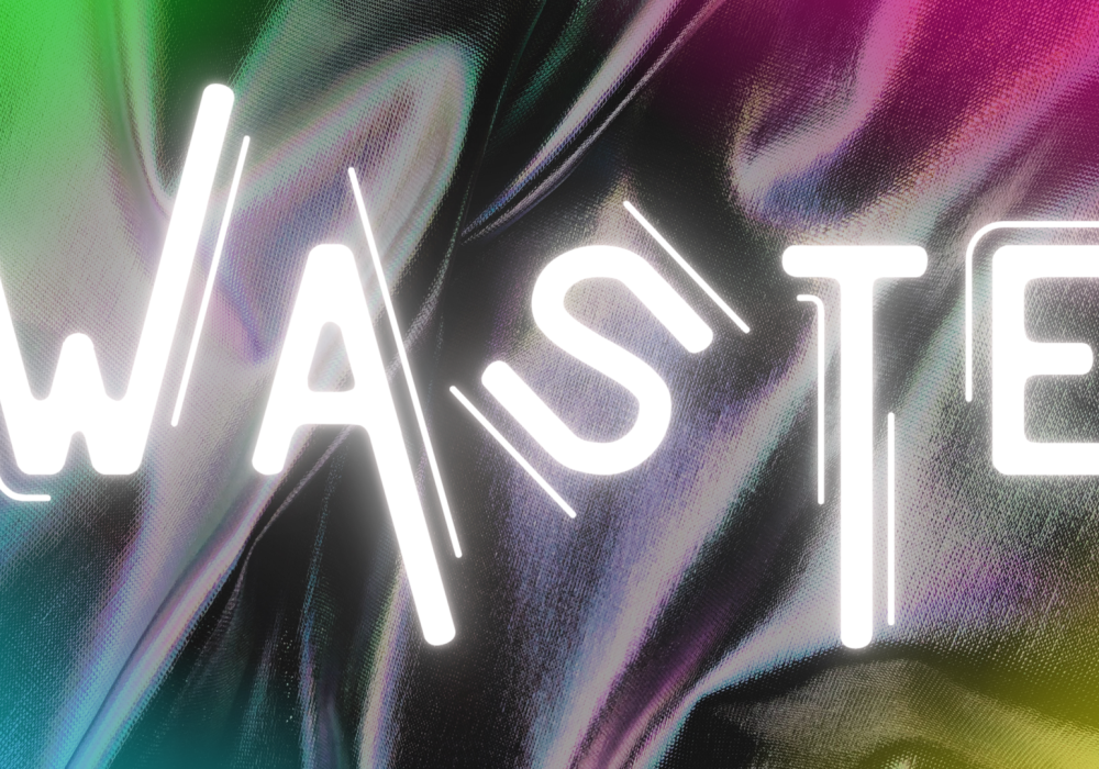 Stylised white letters reading WASTE on a swirled, colourful background
