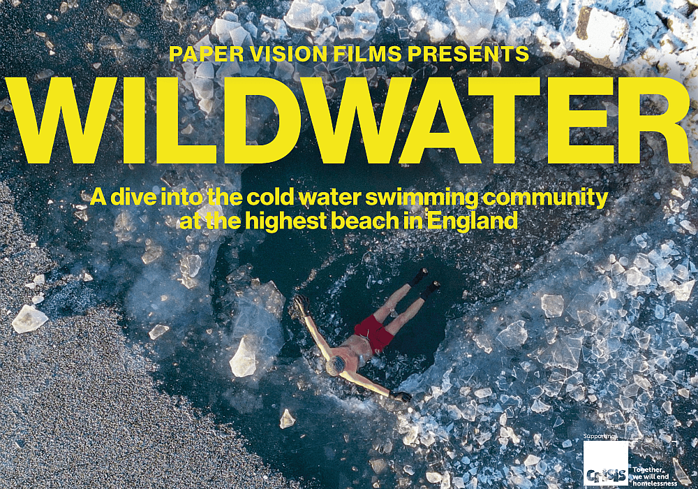 Movie poster for 'Wild Water' featuring icy water and an individual floating amongst it.