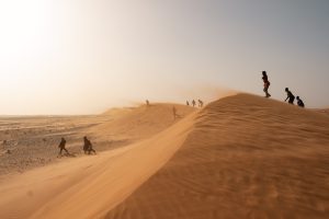 Golden sand dunes show various individuals crossing.