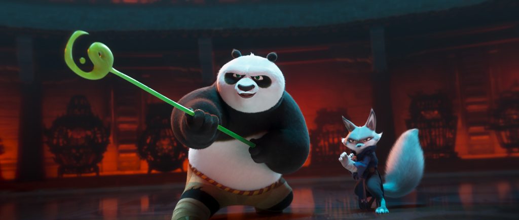 (from left) Po (Jack Black) and Zhen (Awkwafina) in Kung Fu Panda 4 