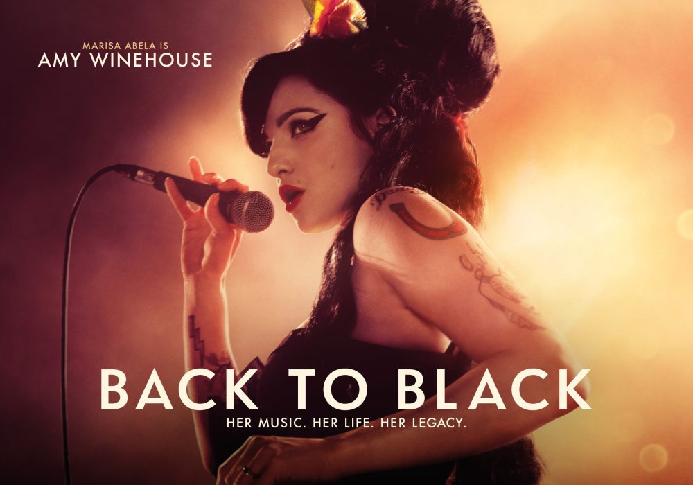 Amy Winehouse is the body of the movie poster for obvious reasons singing into a microphone with her iconic beehive hairstyle and dramatic eye makeup.