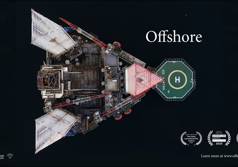 An offshore rig viewed from above. Text at the bottom reads Learn more at www.offshorefilm.org