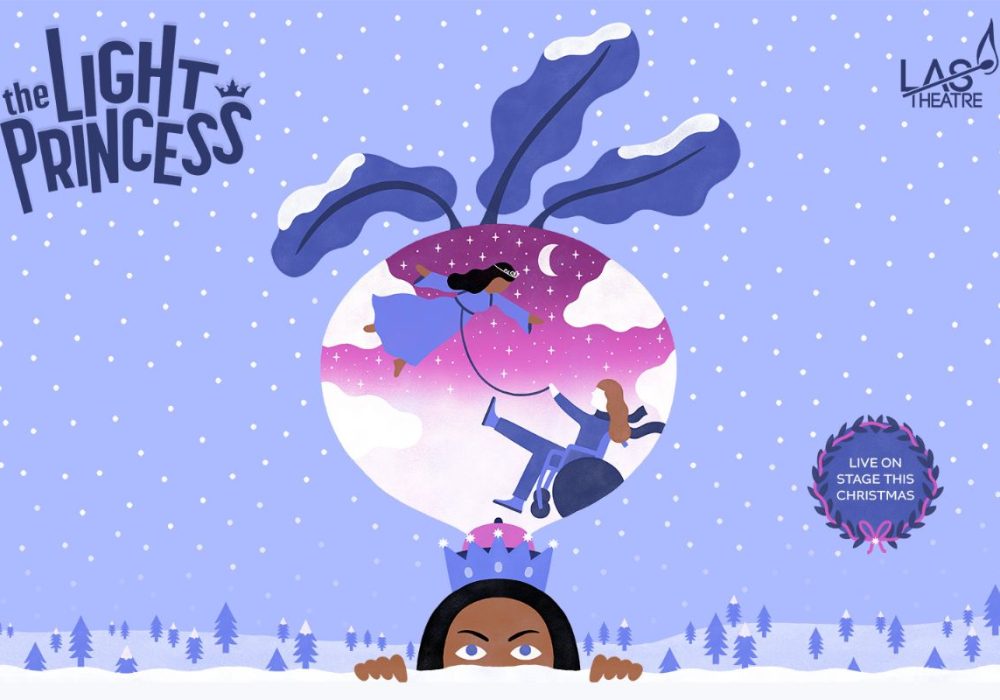 The images shows a snowy background on a lilac sky, a turnip in the middle contains within it the light princess floating on a background of a rosy sky and clouds, tethered around the waist and held by a girl in a wheelchair. Below the scene the queen peers out from behind a snowy hill. The top left hand corner contains a title that reads The Light Princess, and the top right corner has the logo of LAStheatre company.