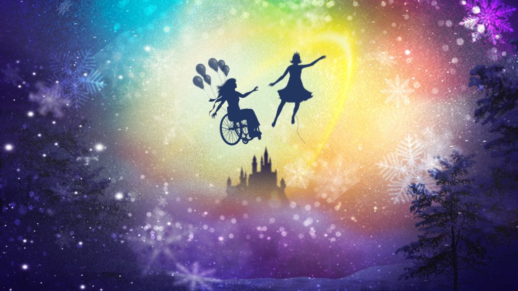 An illustration showing silhouettes of two characters flying above a castle. One is wearing a crown, and the other is in wheelchair with balloons tied to it.