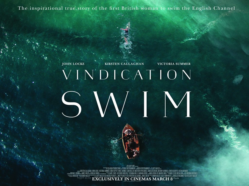 A large blue green ocean, at the bottom a small wooden row boat, with four people inside. At the top, a lone swimmer. Text reads "The inspirational true story of the first British woman to swim the English Channel."