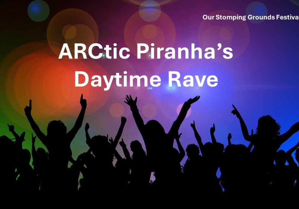 A silhouette of a group of people dancing, with their arms raised. They are in front of a colourful background full of pops of light. Text reads: ARCtic Piranha's Daytime Rave