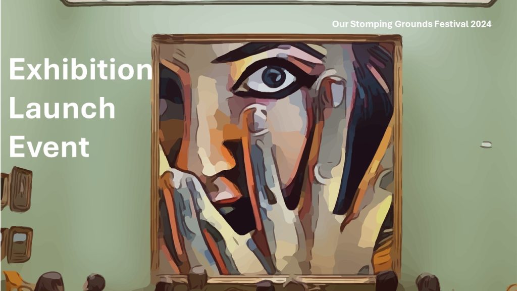 A graphic of an oil painting, the painting features a close up of a blue eye and a hand covering the bottom half of the face. Text reads: Exhibition Launch Event.