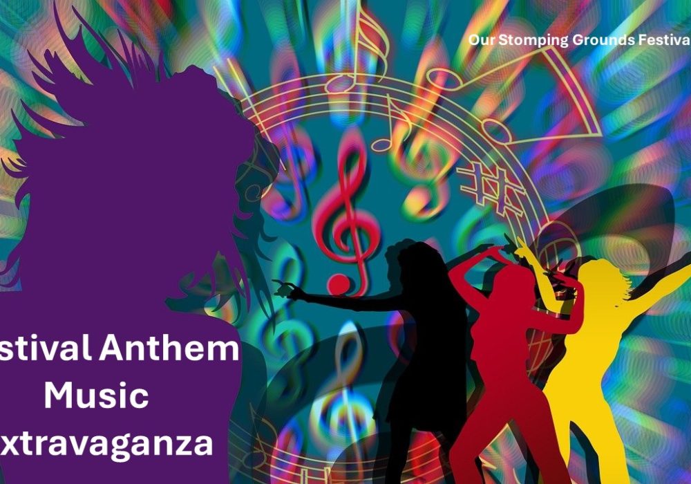 A graphic of 4 silhouettes against a rainbow coloured, psychedelic background featuring blurred music notes. All of the figures are dancing. Text reads: Festival Anthem Music Extravaganza