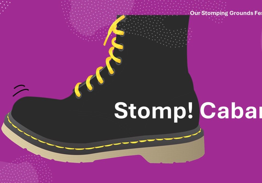 An illustration of a black, doc marten style boot against a bright purple background. Text reads: Stomp! Cabaret.