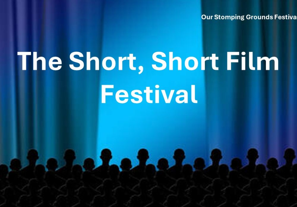 A silhouette of a cinema audience in front of a blue and purple screen, with part-opened curtains. Text reads: The Short, Short Film Festival.