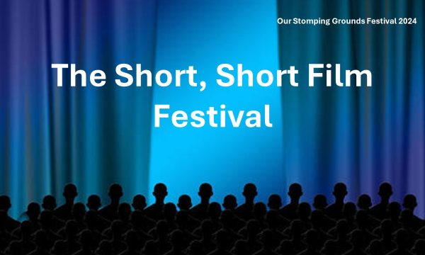 A silhouette of a cinema audience in front of a blue and purple screen, with part-opened curtains. Text reads: The Short, Short Film Festival.