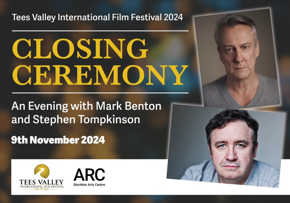 An image of Mark Benton a white male with dark hair wearing a grey top. Above is an image of Stephen Tompkinson a white male with fair hair wearing a grey v-neck jumper. Closing Ceremony in yellow text