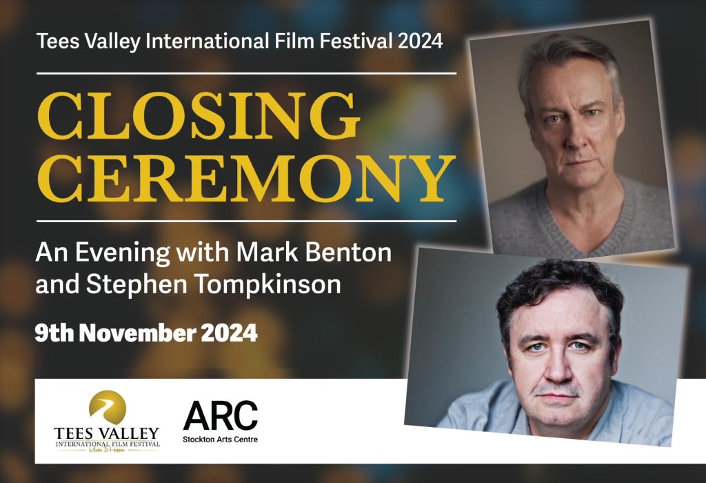 An image of Mark Benton a white male with dark hair wearing a grey top. Above is an image of Stephen Tompkinson a white male with fair hair wearing a grey v-neck jumper. Closing Ceremony in yellow text