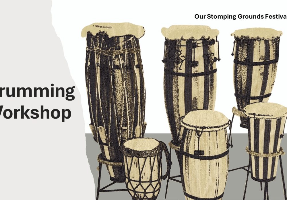 An illustration of drums of various sizes. Text reads 'Drumming Workshop Our Stomping Grounds Festival 2024'