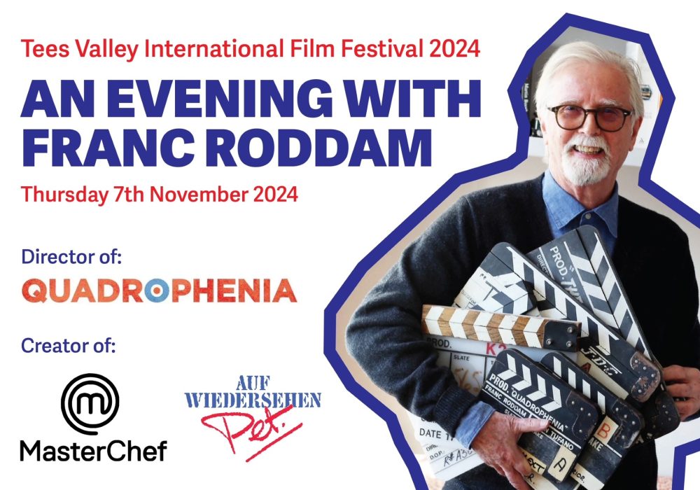 Image of an older white male with white hair and a white moustache. He has rounded black glasses wearing a blue shirt and grey cardigan. He is holding various film clapper boards with the text Quadrophenia. White background with blue and red text.