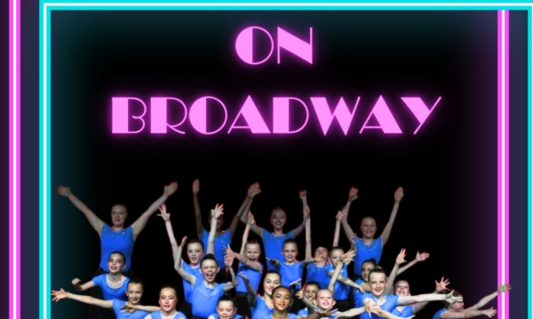 Black background with neon pink and blue border. Neon Pink On Broadway text with several female dancers dressed in blue