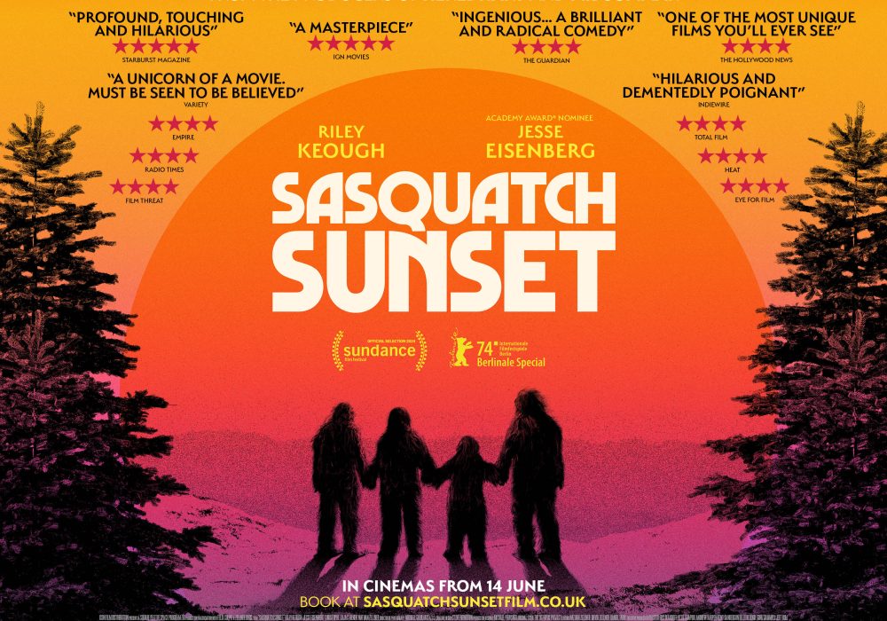 At either side of the image is half of a fern tree in black. There is a sunset with yellow, orange, pink with Sasquatch Sunset in white text and the image of 4 individuals in black.