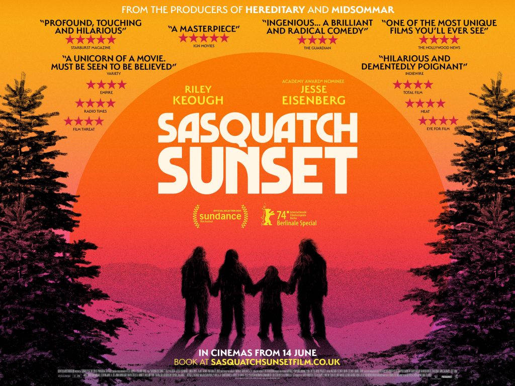 At either side of the image is half of a fern tree in black. There is a sunset with yellow, orange, pink with Sasquatch Sunset in white text and the image of 4 individuals in black.