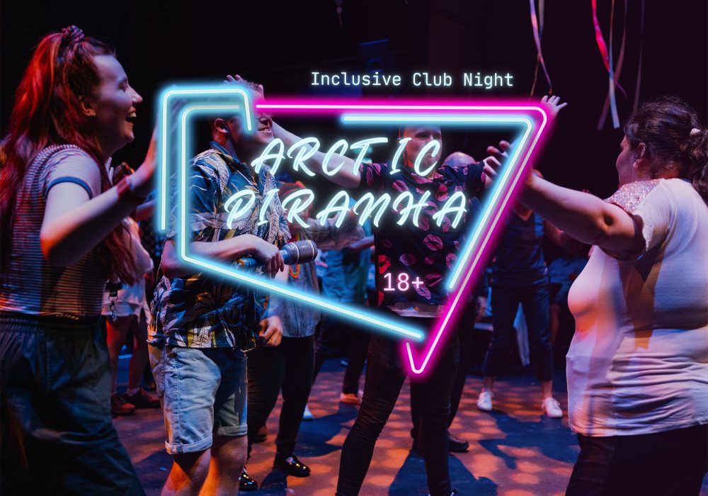 People on a dance floor having a good time, with a promotional logo for ARCtic Piranha overlayed.