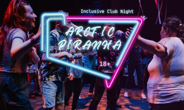 People on a dance floor having a good time, with a promotional logo for ARCtic Piranha overlayed.