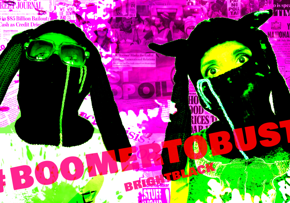 Two people wearing balaclava style masks. Text reads #BoomerToBust, BRiGHTBLACK