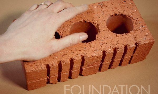 A hand on top of a red brick